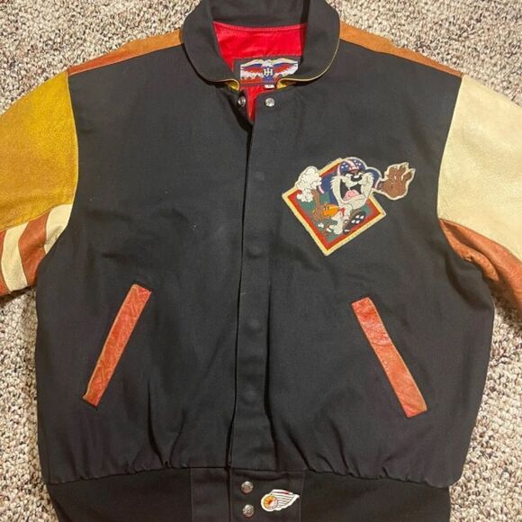 Vintage JEff Hamilton NFL tazmanian blitz Leather Bomber Jacket Taz 90s devil - Picture 3 of 4
